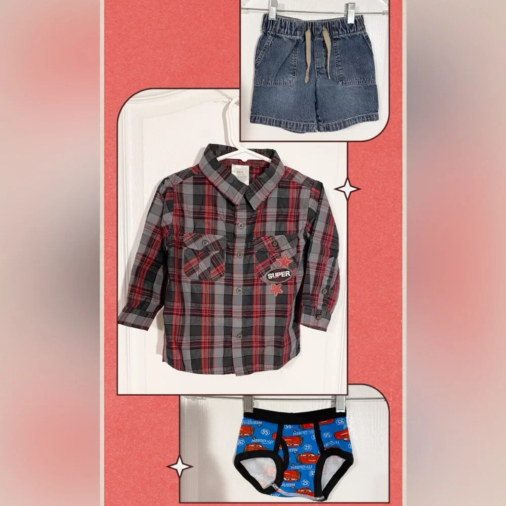 3 Pc Boy's 2T Clothing Lot Plaid Shirt Denim Shorts & New Disney Pixar Underwear